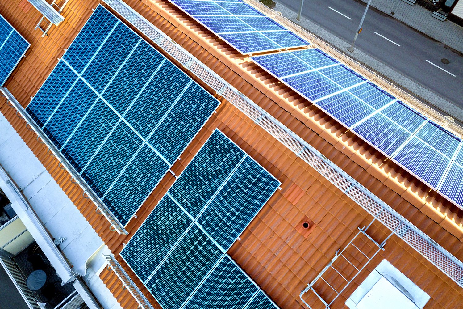 Top View Blue Solar Panels High Apartment Building Roof